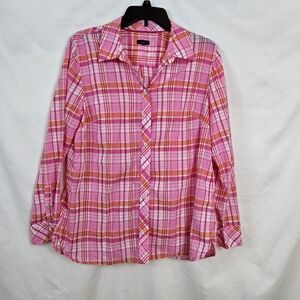 Talbots Women's Pink Orange Plaid Lightweight Long Sleeve Button Shirt Large‎